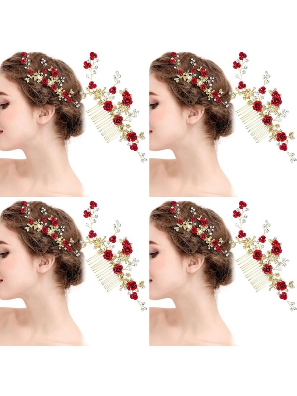 Vintage Floral Hair Combs Set - Red Rose Crystal & Pearl Bridal Accessories